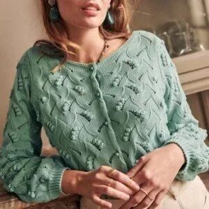 Sezane Marthe 100% Cotton Knit Jumper Cardigan Almond Green